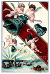 c1910's Merry Christmas Angels Cherub Floating Bells Winter Snow Postcard 