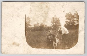Woman Boy and Dog in Field All Smiles Postcard C21