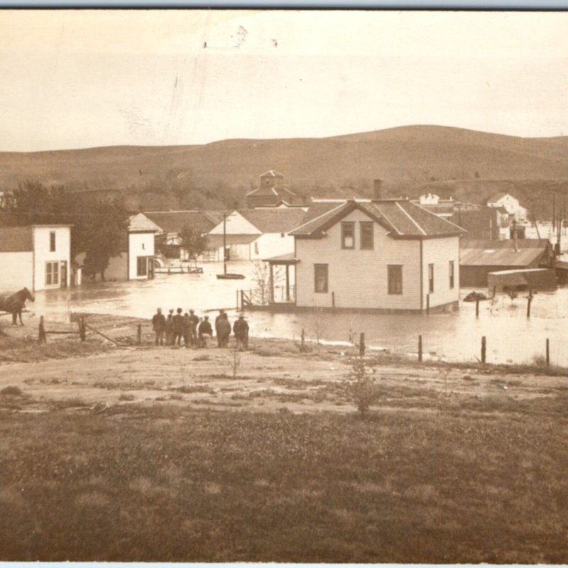 1910s Mystery Small Town Flooded Sharp RPPC People Birds Eye Photo Downtown A156