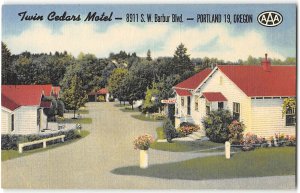 TWIN CEDARS MOTEL Portland, Oregon Roadside 1940s Linen Vintage Postcard