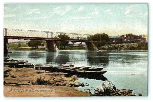 The River Front Amsterdam, NY Boats Train Victorian Postcard Vintage Antique 