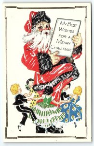 c1915 SANTA CLAUS BLACK ACCENTS MERRY CHRISTMAS DANCING CHILDREN POSTCARD P2809G