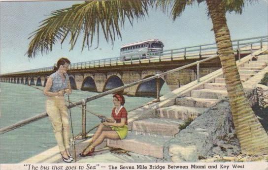 Florida Greyhound Bus On The Seven Mile Bridge In The Florida Keys 1953