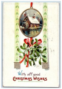 1911 Christmas Wishes House Mill Mistletoe Embossed Trenton NJ Antique Postcard