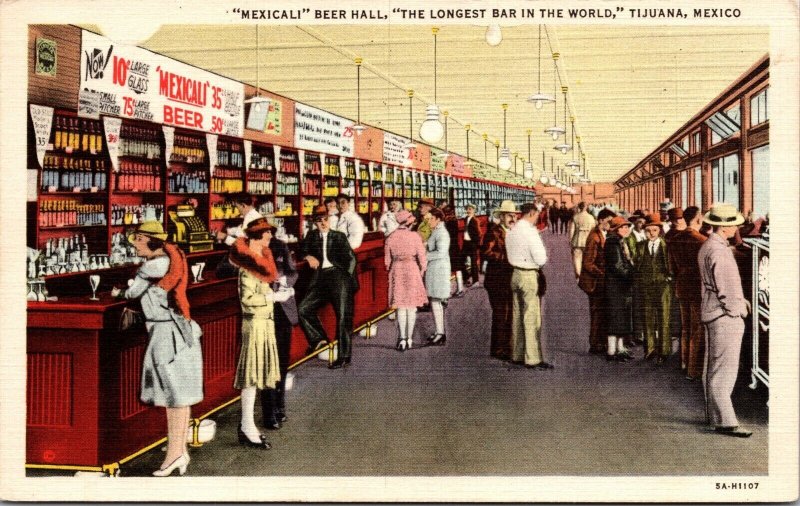 Linen Postcard Mexicali Beer Hall Longest Bar in the World Tijuana, Mexico~3941