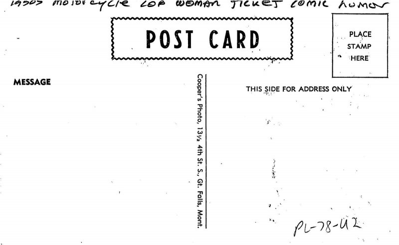 Postcard 1950s Motorcycle Cop Woman Ticket Comic Humor Cooper's 22-13120