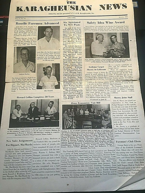 Vintage Newsletter 1956 Karagheusian News A. & M. Karagheusian Inc. Freehold NJ 