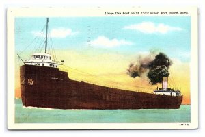 Large Ore Boat St. Clair River Port Huron Mich. Michigan c1947 Postcard