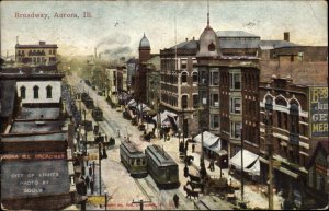 AURORA IL Broadway Street Scene TROLLEYS CABLE CARS c1910 Postcard