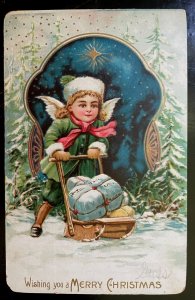 Vintage Victorian Postcard 1907 Wishing You a Merry Christmas - Angel in Green
