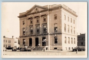 Devils Lake North Dakota ND Postcard RPPC Photo US Post Office Building Cars