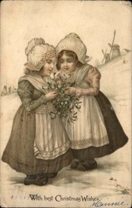 Ernest Nister No. 245 Christmas Little Dutch Girls c1910 Vintage Postcard