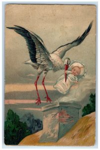 1908 Hearty Congratulations Stork Twin Babies Doll Shickley Nebraska NE Postcard