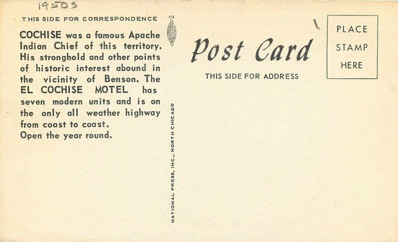 Benson Arizona roadside El Cochise Motel  1950s Postcard National Press 12031