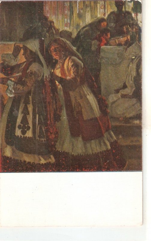 E. Chicharro. Ladies at the church Vintage Spanish Postcard