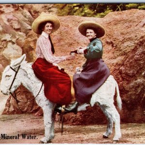 c1910s Only Mineral Spring Water PC Cute Women Pour Burro Horse Girl Smile A324