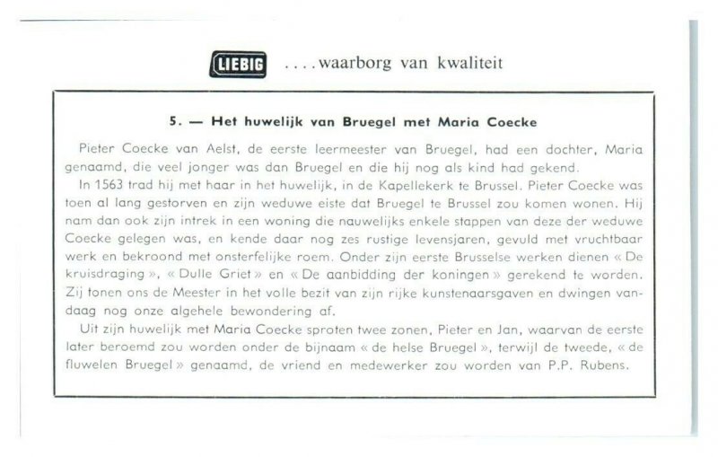 Bruegel marries Maria Coecke, Peter Bruegel Liebig Belgian Trade Card *VT28N