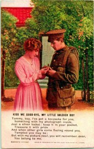 Vintage Romance Postcard WW1 Kiss Me Good By My Little Soldier Boy Bamforth UNP