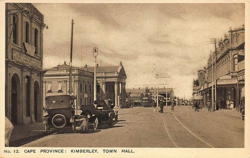 Cape Province Kimberley South Africa Town Hall Storefronts Old Cars Postcard