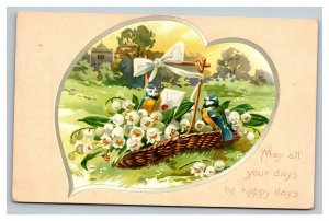 Vintage 1911 Tuck's Postcard Cute Blue Birds Basket of White Flowers