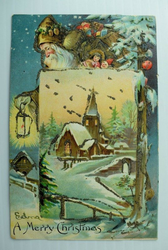 C.1910 Brown Coat Santa Claus w/ Lantern, Mica, Postcard P76