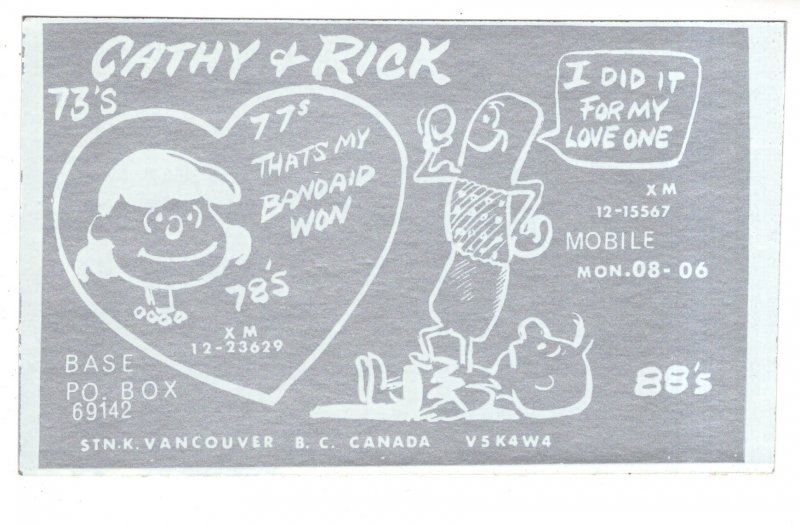 Cathy & Rick, Lucy, Charlie Brown Cartoon, Vancouver, British Columbia, QSL Card