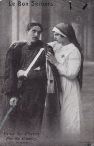 Injured French Army Soldier In Sling With Red Cross Nurse WW1 Postcard