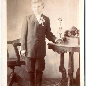 c1910s Hungarian Christian Little Boy RPPC Handsome Church Boy Photo Cross A159