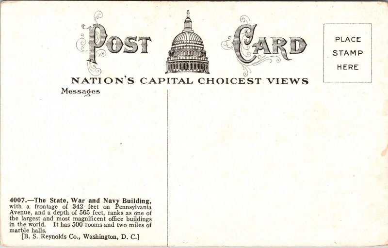 State War Navy Building Washington DC WB Postcard VTG UNP BS Reynolds Vintage 
