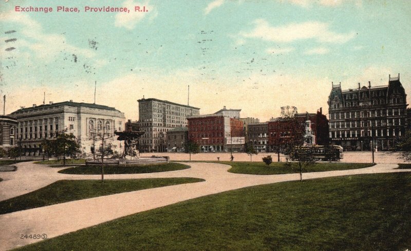 Vintage Postcard 1910's Exchange Place Ground Fountain Providence Rhode Island