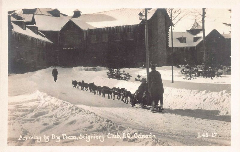 Dog Sled Team, Seigniory Club, P.Q., Canada, early real photo postcard, unused