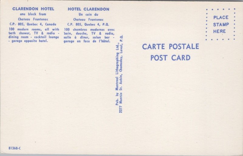 Canada Quebec Rue Sainte-Anne Clarendon Hotel Vintage Postcard C214