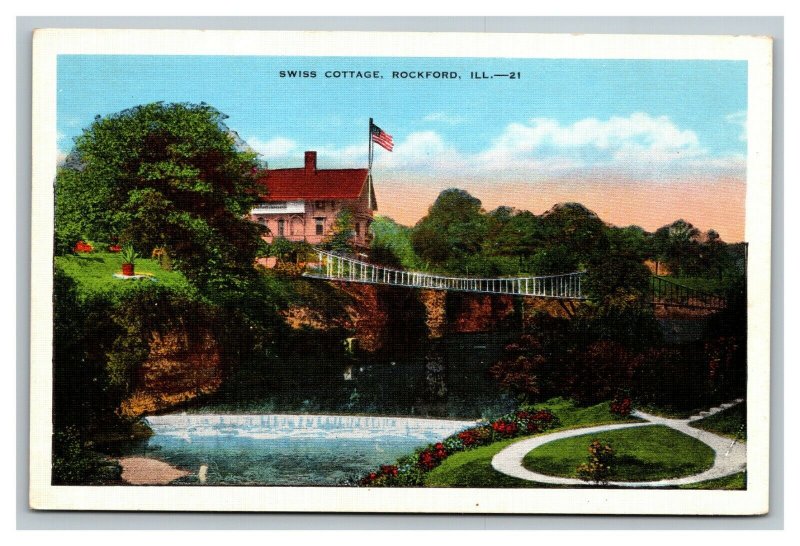Vintage 1940's Postcard Panoramic View Swiss Cottage Bridge Rockford Illinois