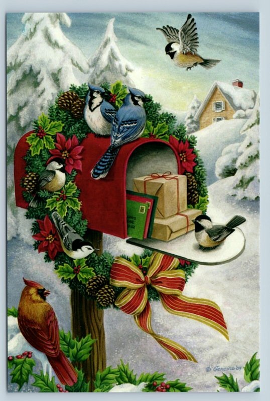 CHRISTMAS WREATH Hung On Mailbox Bird Eve by SUSAN WHEELER New Unposted Postcard