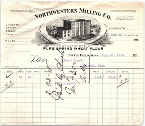 1915 LITTLE FALLS MINNESOTA NORTHWESTERN MILLING CO FLOUR BILLHEAD INVOICE Z658