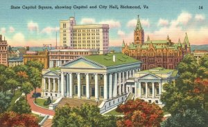 Richmond VA-Virginia, State Capitol Square Capital & City Hall Vintage Postcard