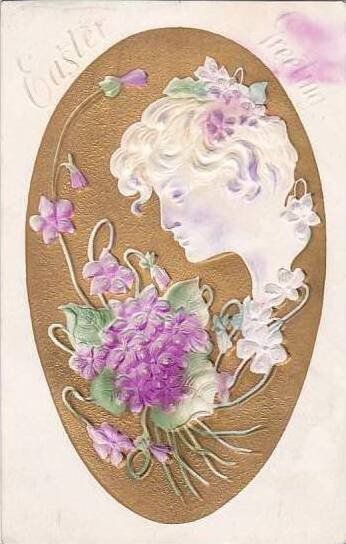 Easter Greetings Glamour Lady With Flowers Embossed