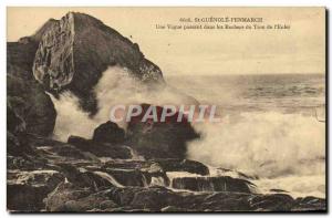 Old Postcard St Guenole Penmarch a Wave Passing In The Rocks From Hole From &...