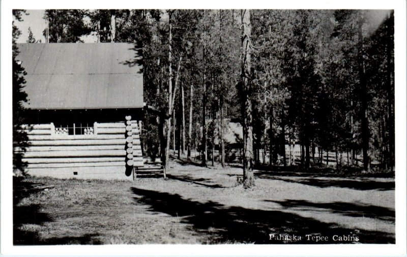 RPPC YELLOWSTONE NATIONAL PARK, WY  Log Cabins~ PAHASKA TEPEE~  c1940s  Postcard