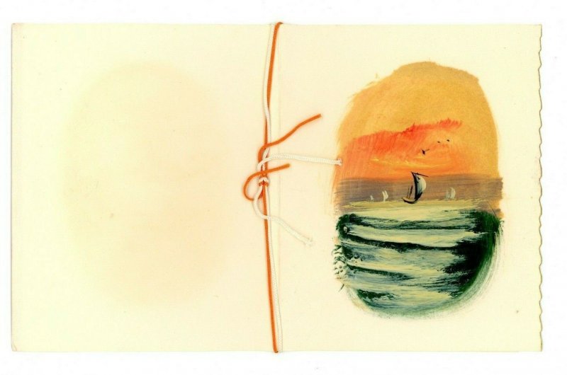 Japanese Hand Painted Christmas New Year Card Cord Boat Sunset Church VTG JG1 