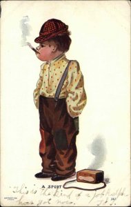 Children Comic Boy in Overalls Smoking c1910s Postcard