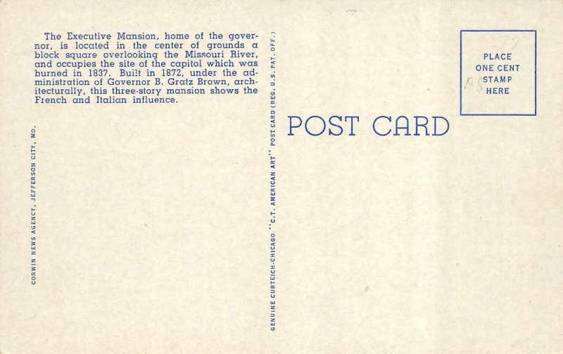JEFFERSON CITY, Missouri MO   GOVERNOR'S EXECUTIVE MANSION   ca1940's Postcard