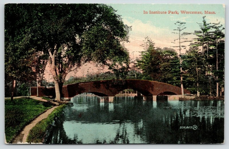 Worcester Massachusetts~Institute Park Arch Bridge~Reflects~1910 JJ Williams Pub 