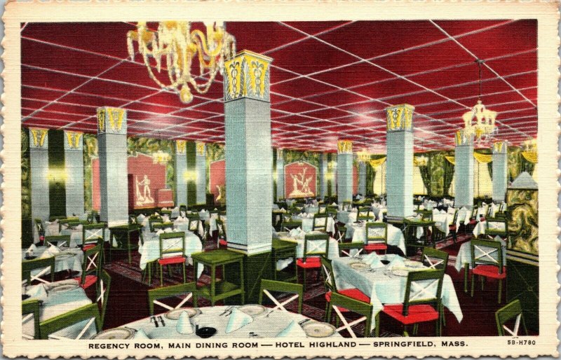 SPRINGFIELD Massachusetts Hotel Postcard - regency room dining room vintage