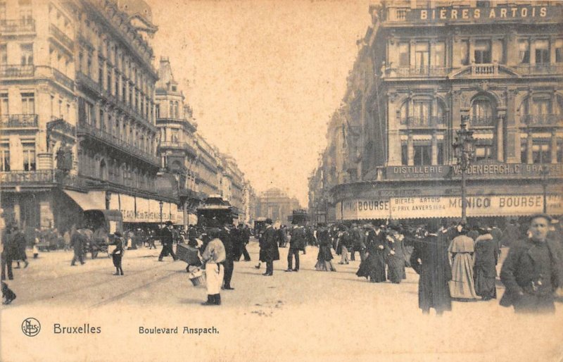 BRUSSELS BELGIUM TO USA ANSPACH BOULEVARD TROLLEY STREET VIEW POSTCARD 1908