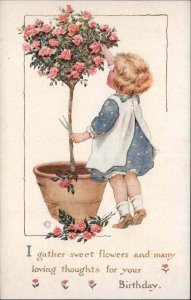 Tuck Bonnie Bairns Little Girl Cuts Roses Birthday c1910 Vintage Postcard