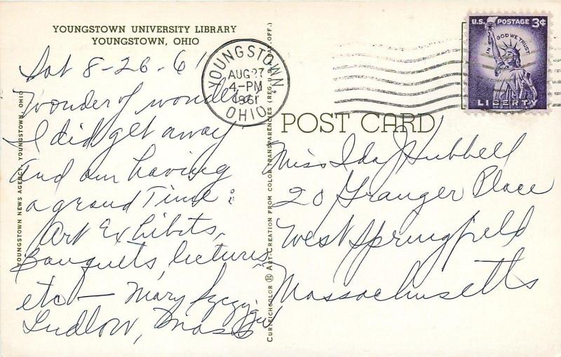 Youngstown Ohio~3rd Floor Windows Open @ University Library~1961 Postcard