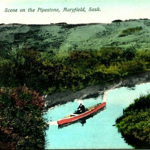 c1900s Pipestone River Maryfield, Saskatchewan Canada Canoe Photo Germany Vtg A3