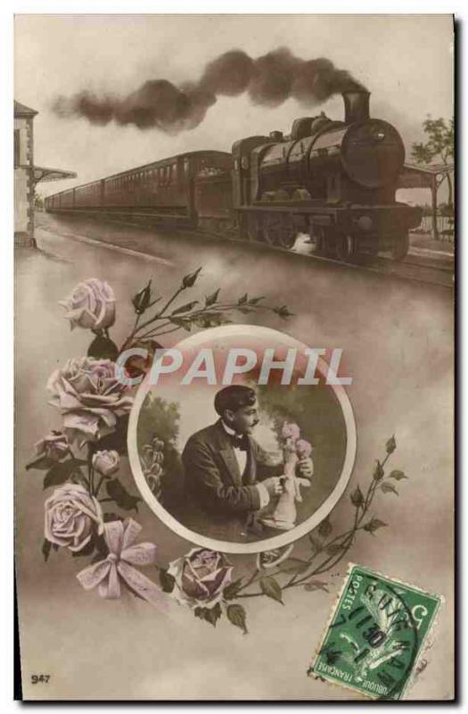 VINTAGE POSTCARD Fantaisie Man Train