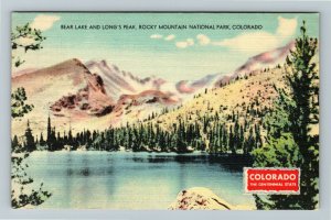 CO-Colorado, Bear Lake, Rocky Mountains, Long Peak, Vintage Linen c1948 Postcard 